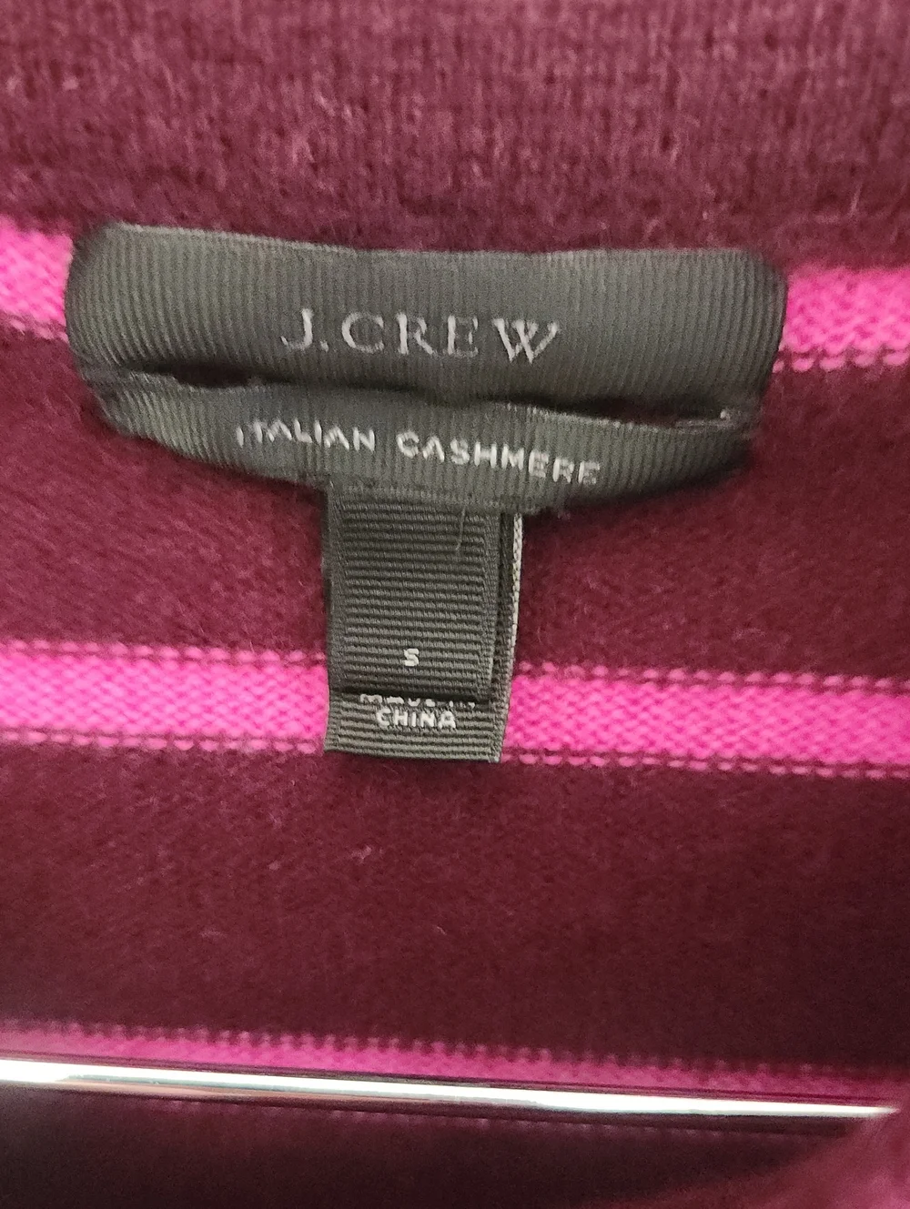 J. Crew Italian Cashmere Burgundy and Pink Striped Crewneck Sweater Small